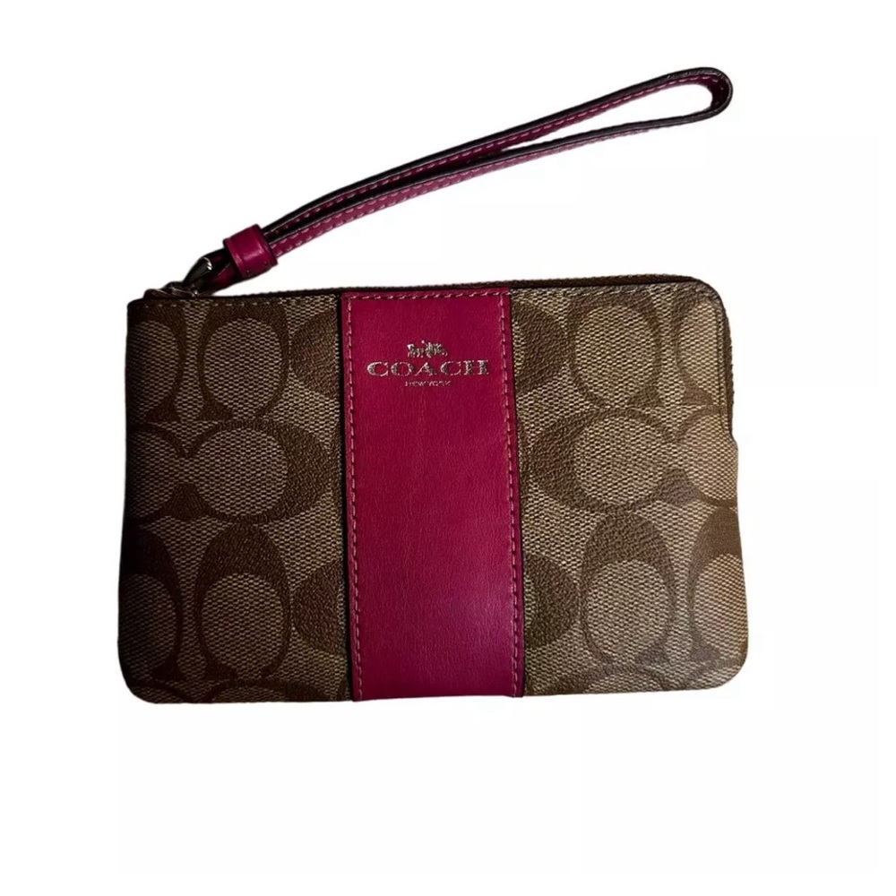 Authentic Coach Corner Zip Wristlet In Brown Signature Canvas with Magenta Strip - Picture 1 of 12